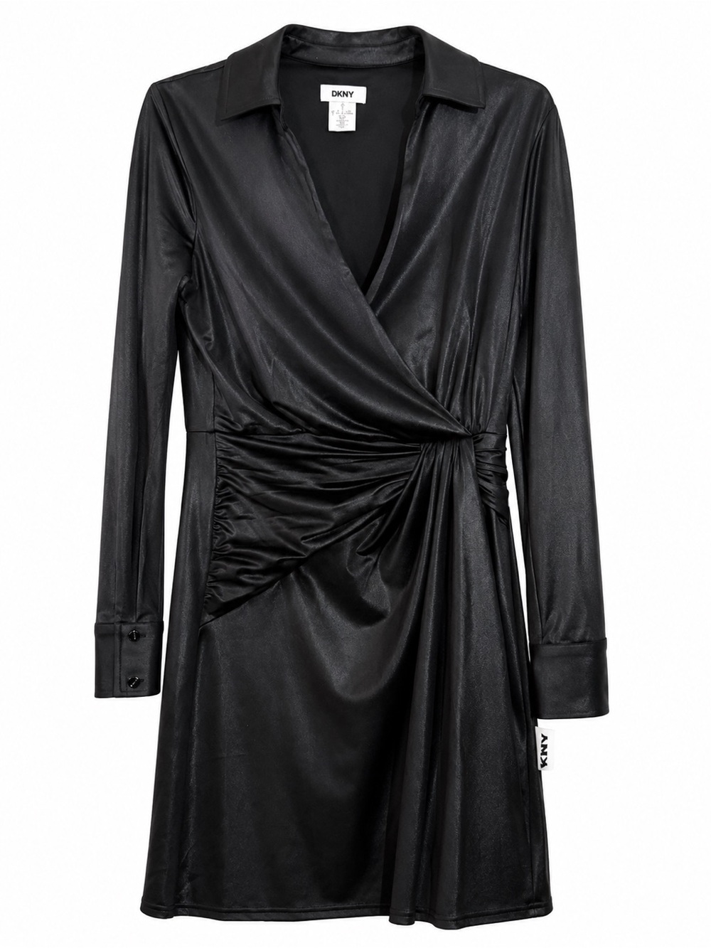 NWT DKNY Black Draped-Front V-Neck Collared Long Sleeve Shift Dress 8